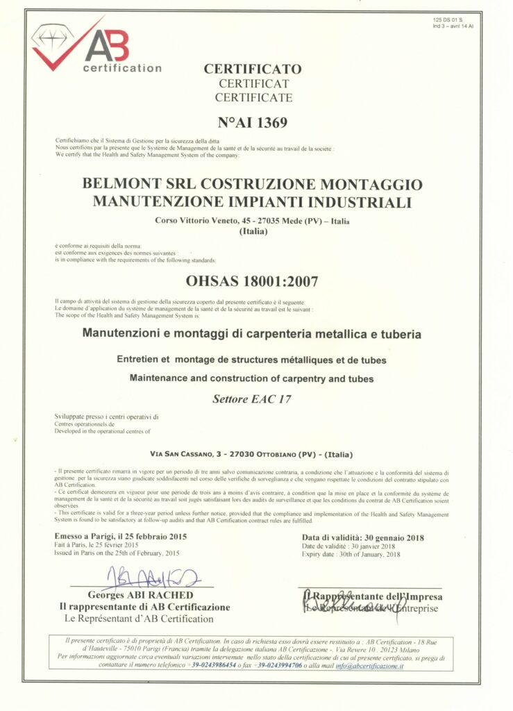 BELMONT qualifiche certifiche OHASAS 18001